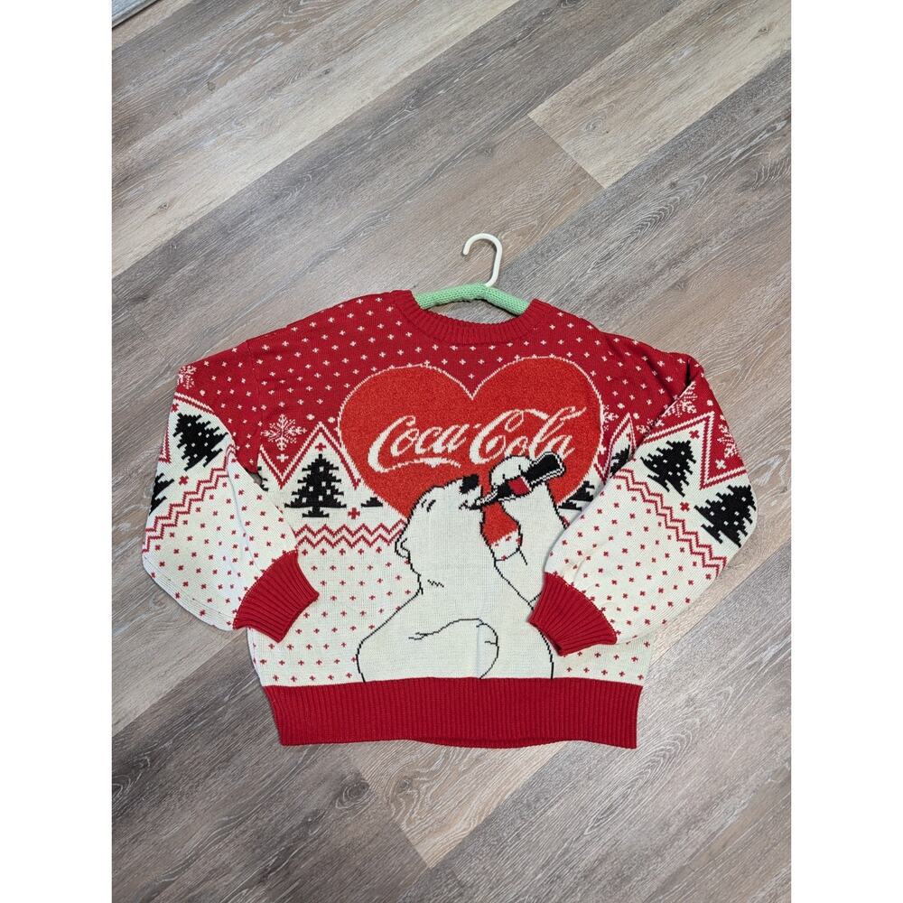 Coca-Cola Christmas Sweater Womens Red Heart Polar Bear Holiday Pullover Size L